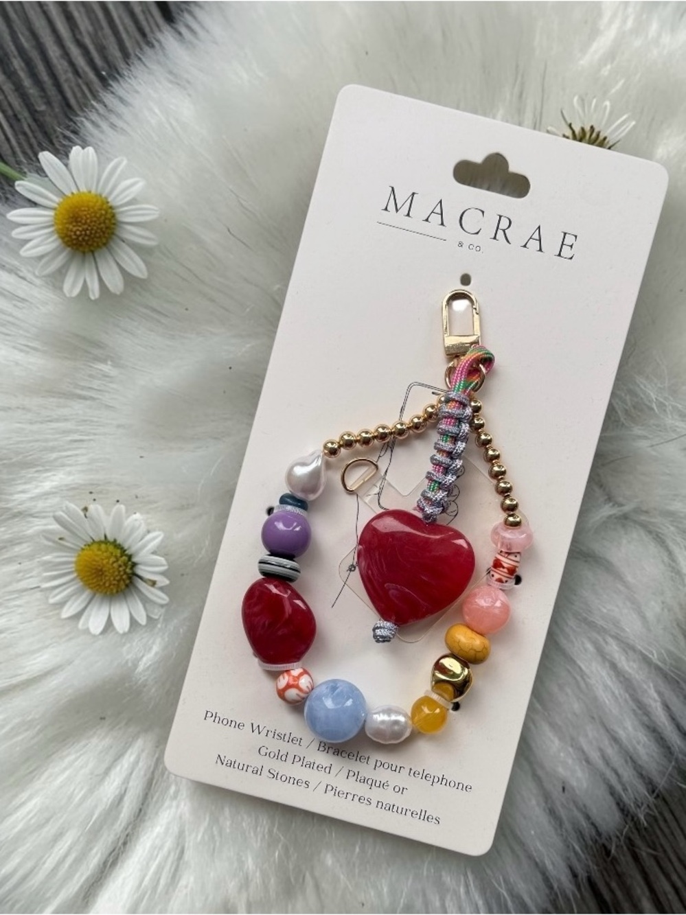 NWT MacRae & Co. Beaded Phone Wristlet Heart Charm Gold Plated
